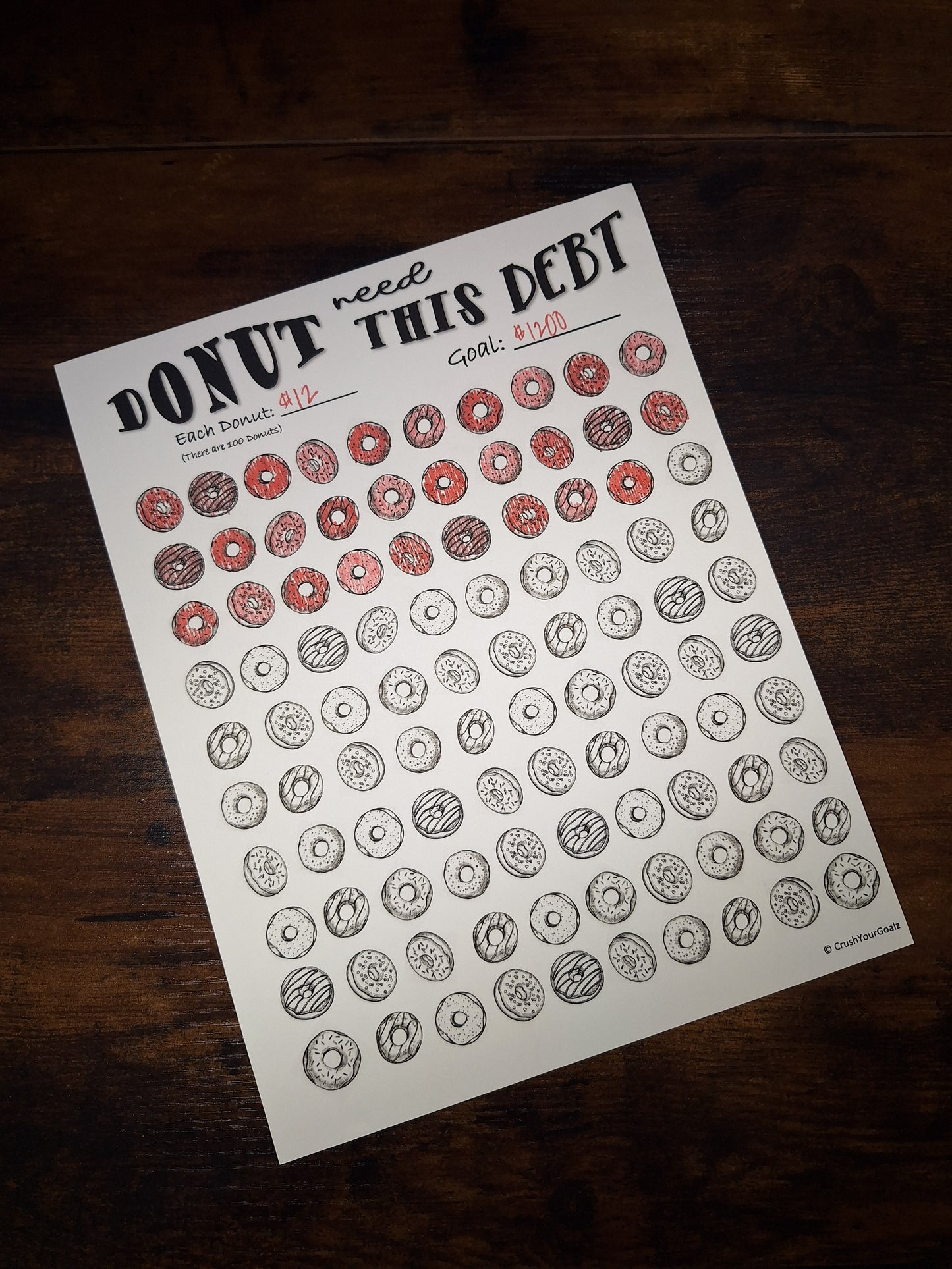 Donut Debt Payoff Chart, Debt Payoff Chart, Goal Chart - 8.5 x 11 Size