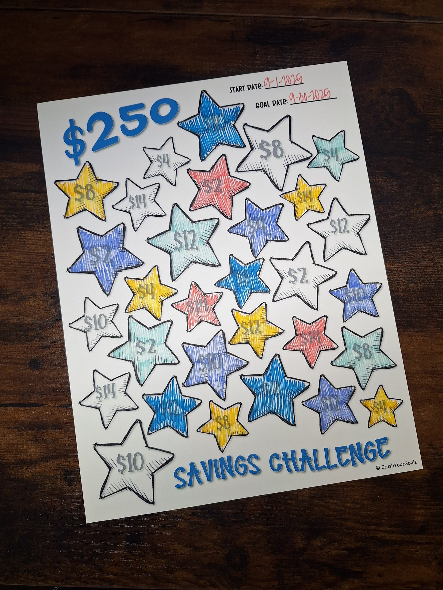 $250 Savings Chart, Fun Savings Challenge, Savings Goal Chart - 8.5 x 11 Size