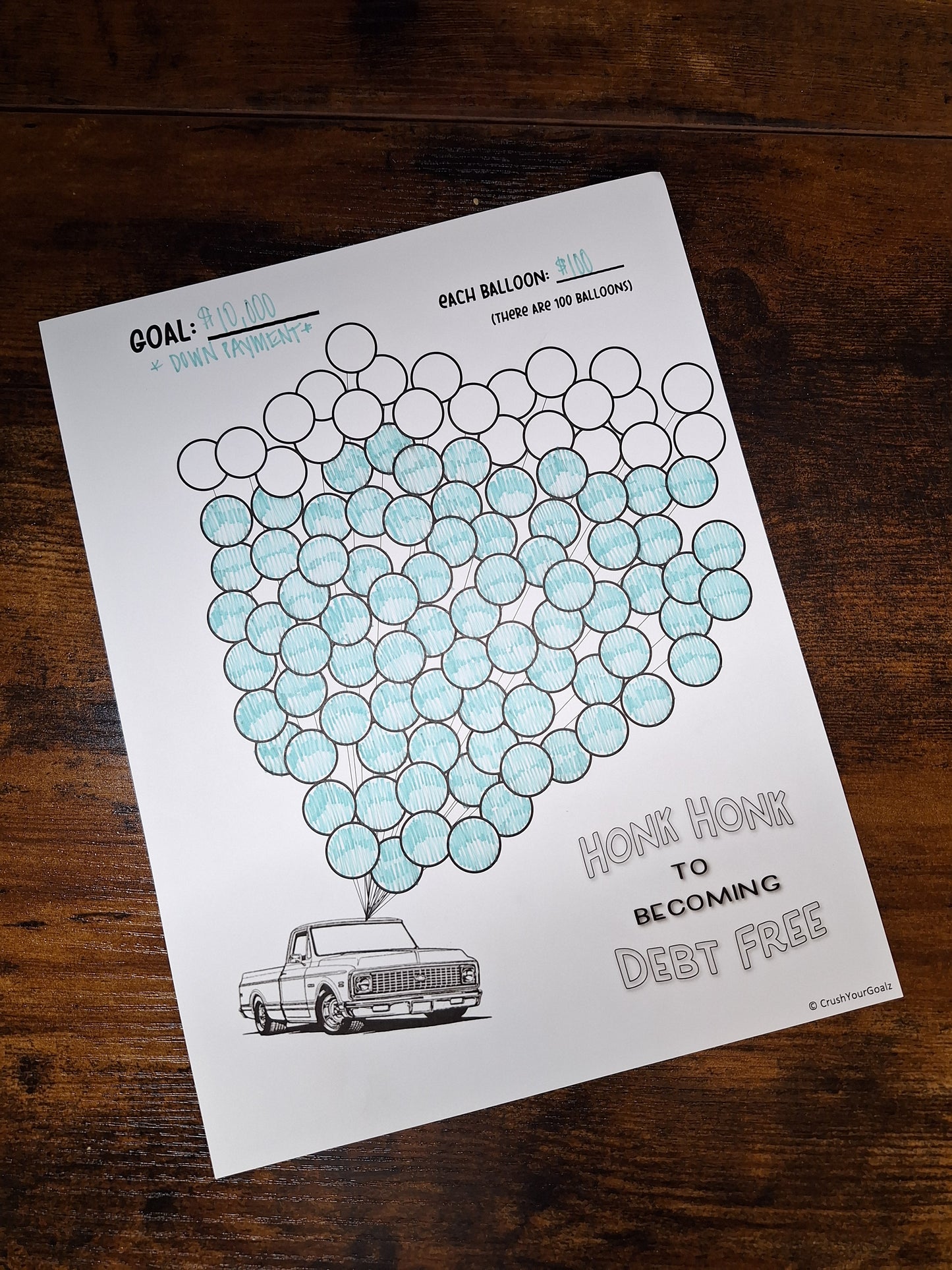 Truck Payoff Debt, Truck Savings Chart, Debt Payoff Chart, 100 Balloons, Debt-Free Goal Tracker,  Car Debt, Debt Payoff, Car Savings  - 8.5 x 11 Size